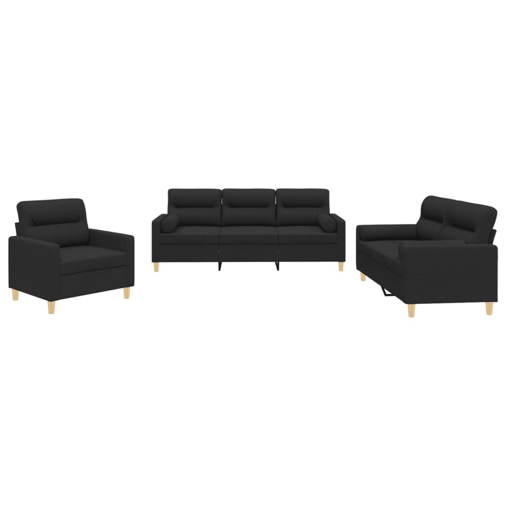 Set Divani 3 pz con Cuscini Nero in Tessuto | homemem39