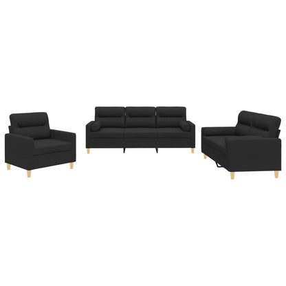Set Divani 3 pz con Cuscini Nero in Tessuto | homemem39