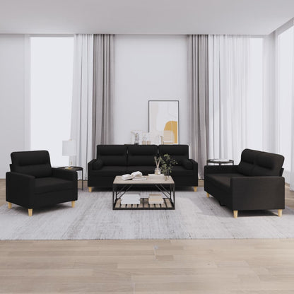 Set Divani 3 pz con Cuscini Nero in Tessuto | homemem39