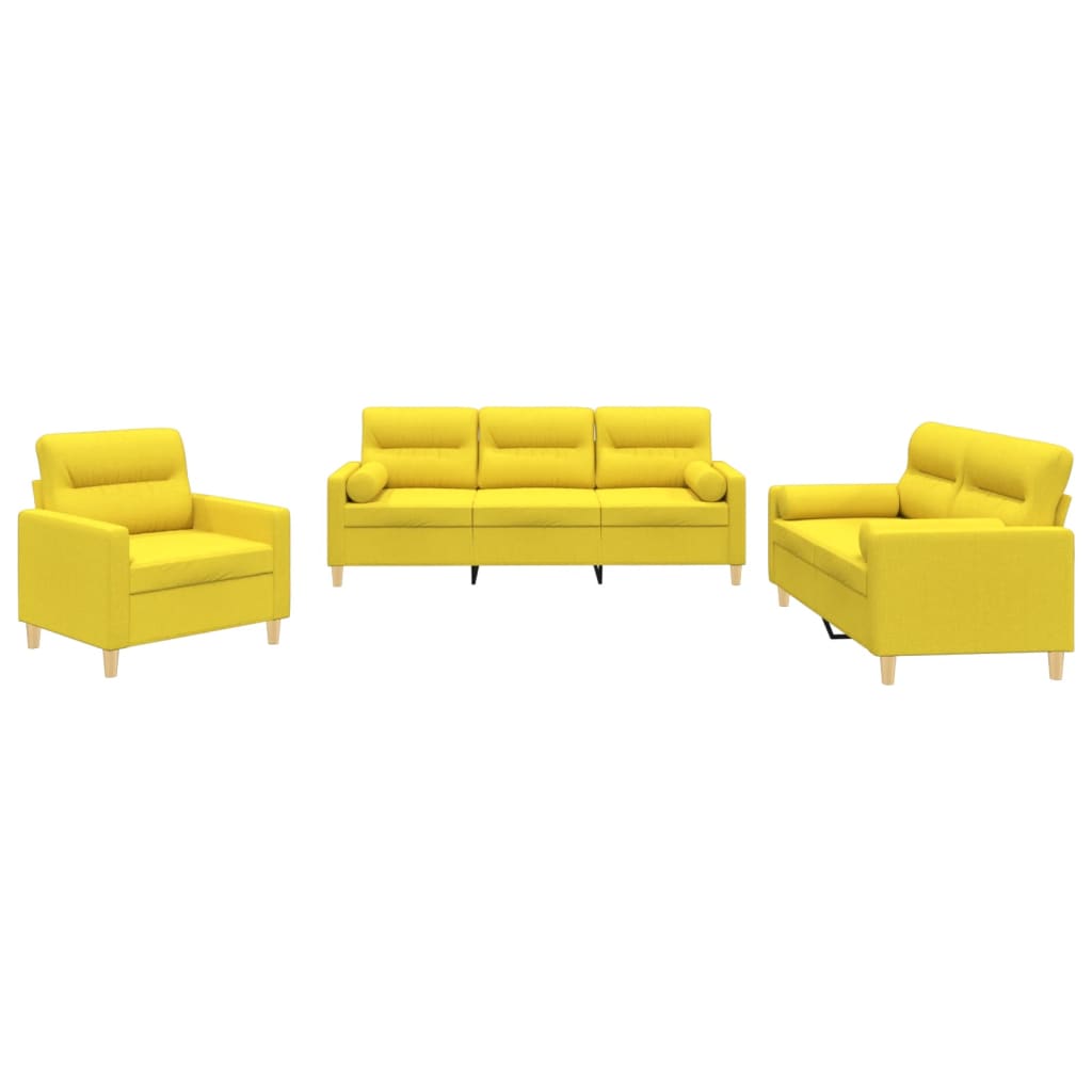 Set di Divani 3 pz con Cuscini Giallo Chiaro in Tessuto