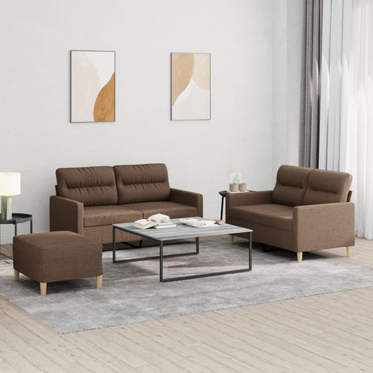 Set di Divani 3 pz con Cuscini Marrone in Tessuto