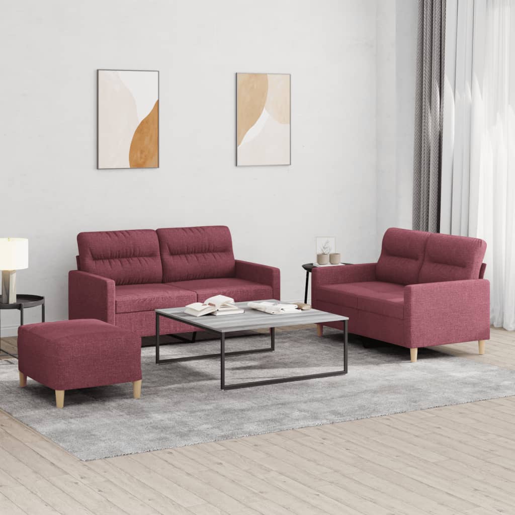 Set di Divani 3 pz con Cuscini Rosso Vino in Tessuto | homemem39