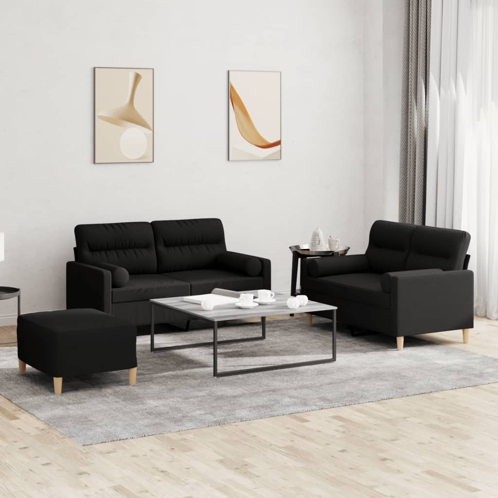 Set Divani 3 pz con Cuscini Nero in Tessuto | homemem39