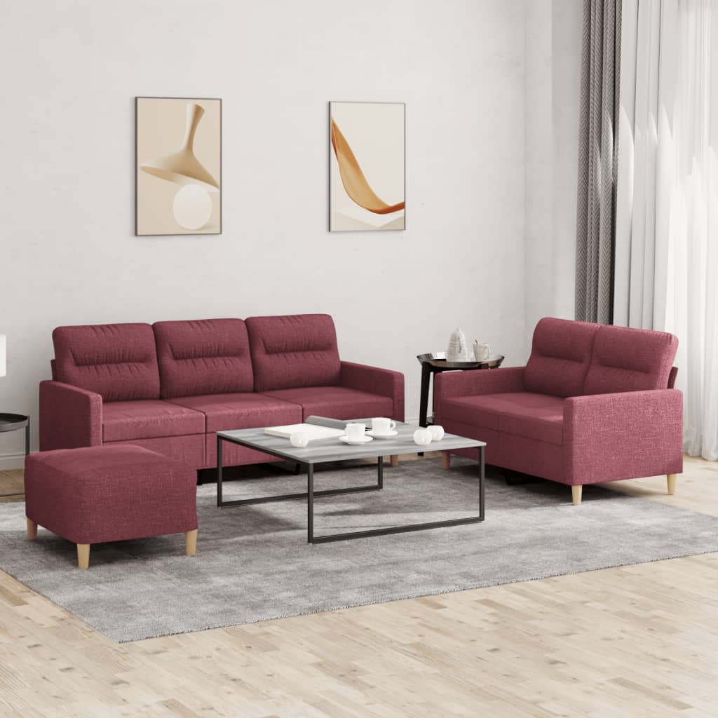 Set di Divani 3 pz con Cuscini Rosso Vino in Tessuto | homemem39