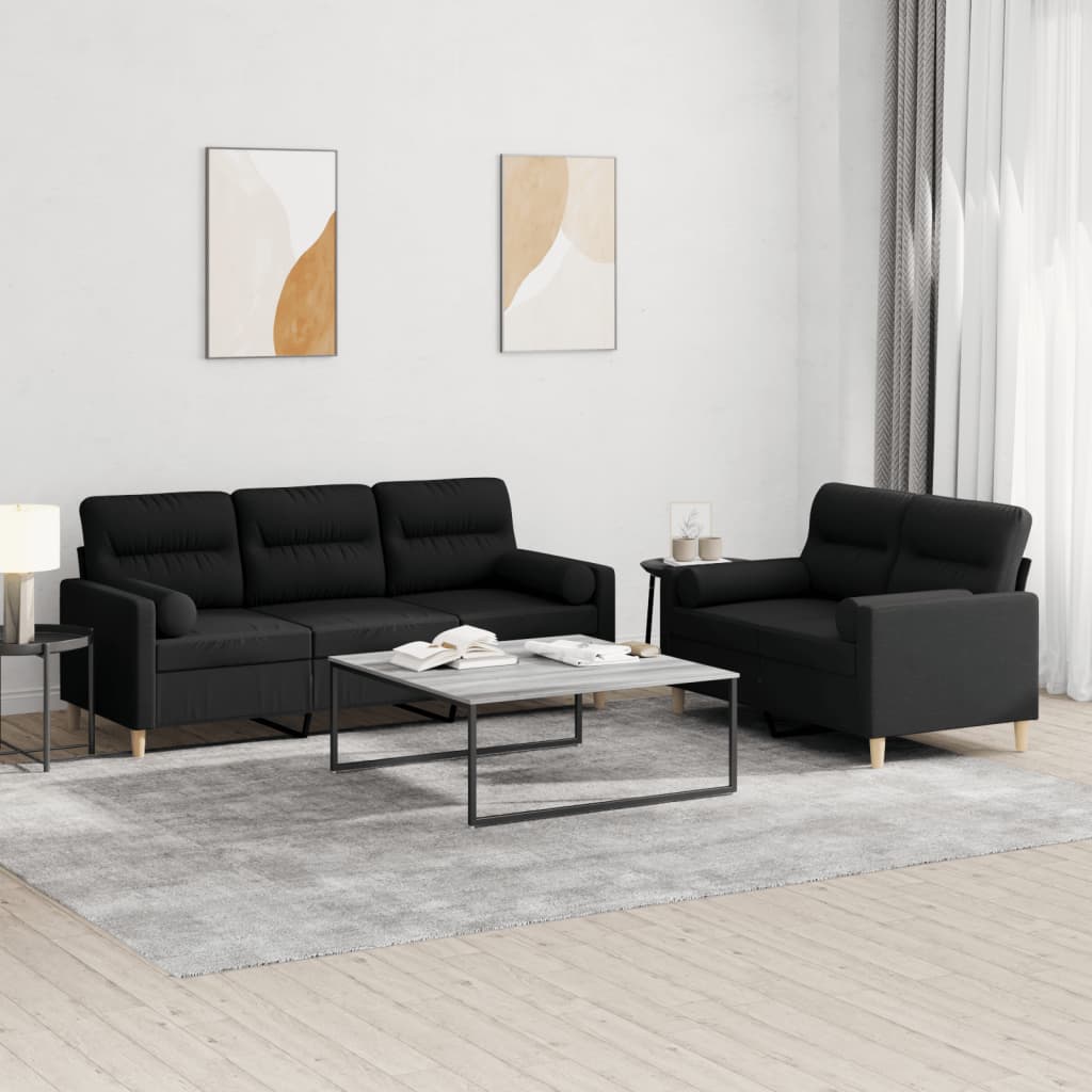 Set Divani 2 pz con Cuscini Nero in Tessuto | homemem39