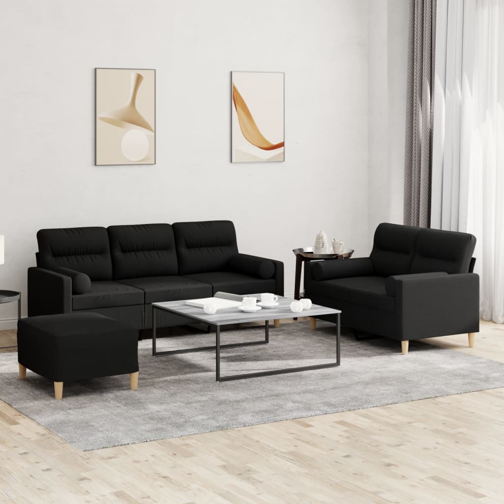 Set Divani 3 pz con Cuscini Nero in Tessuto | homemem39