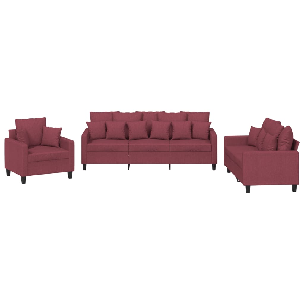 Set di Divani 3 pz con Cuscini Rosso Vino in Tessuto | homemem39