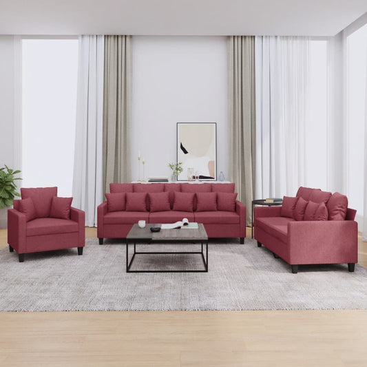 Set di Divani 3 pz con Cuscini Rosso Vino in Tessuto | homemem39