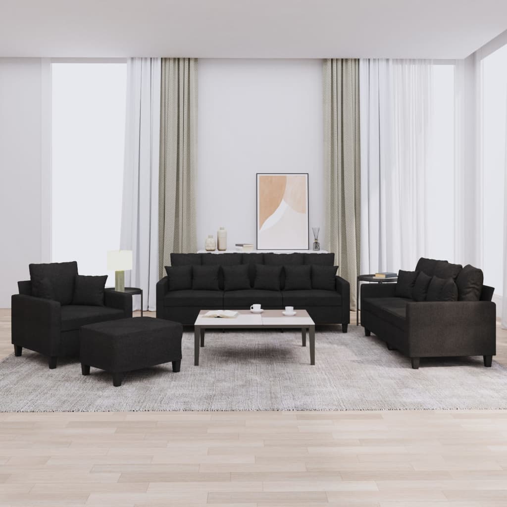 Set Divani 4 pz con Cuscini Nero in Tessuto