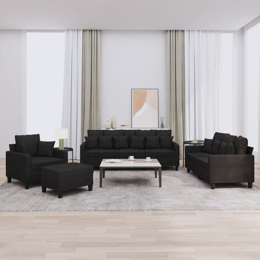 Set Divani 4 pz con Cuscini Nero in Tessuto