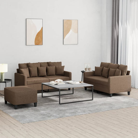 Set di Divani 3 pz con Cuscini Marrone in Tessuto