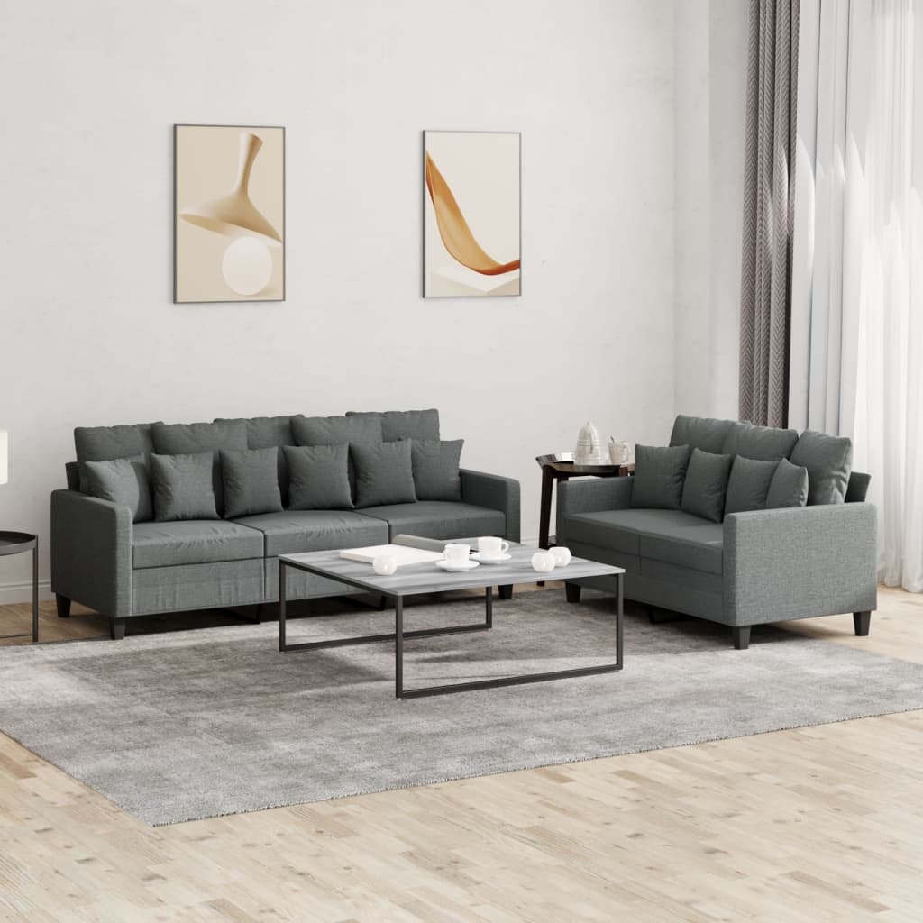 Set di Divani 2 pz con Cuscini Grigio Scuro in Tessuto