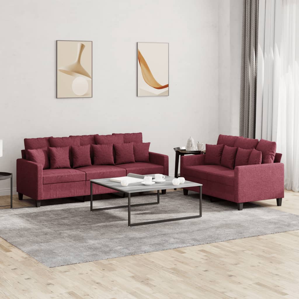 Set di Divani 2 pz con Cuscini Rosso Vino in Tessuto | homemem39