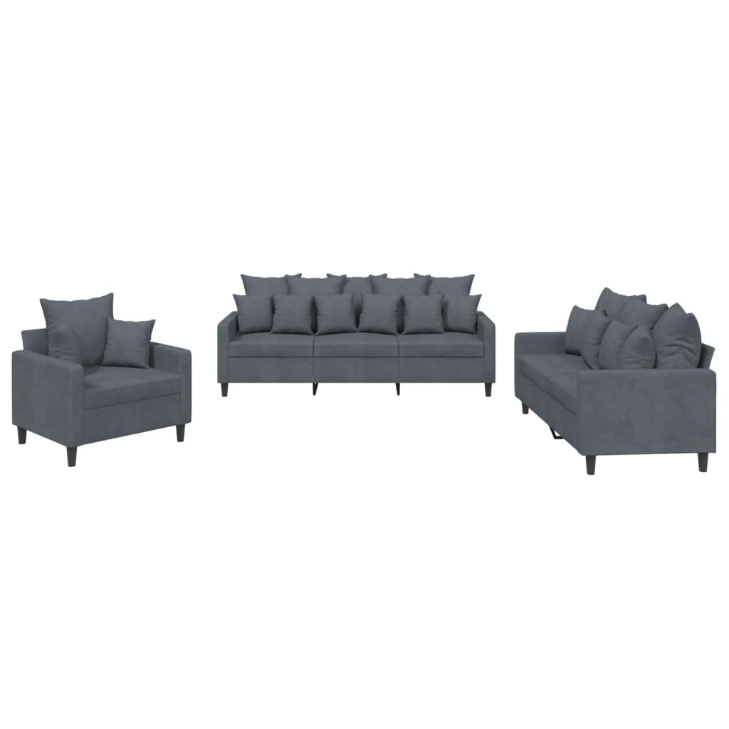 Set di Divani 3 pz con Cuscini Grigio Scuro in Velluto | homemem39
