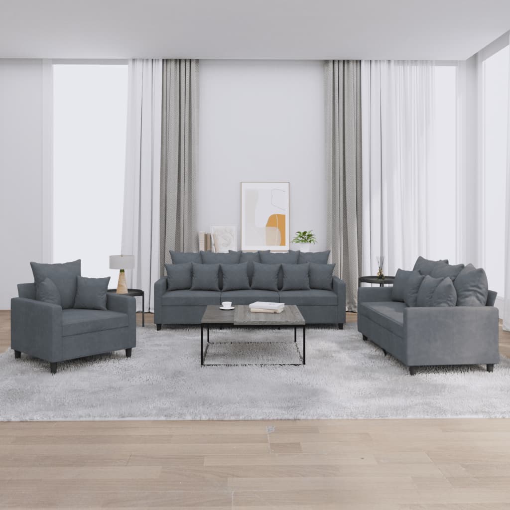 Set di Divani 3 pz con Cuscini Grigio Scuro in Velluto - homemem39