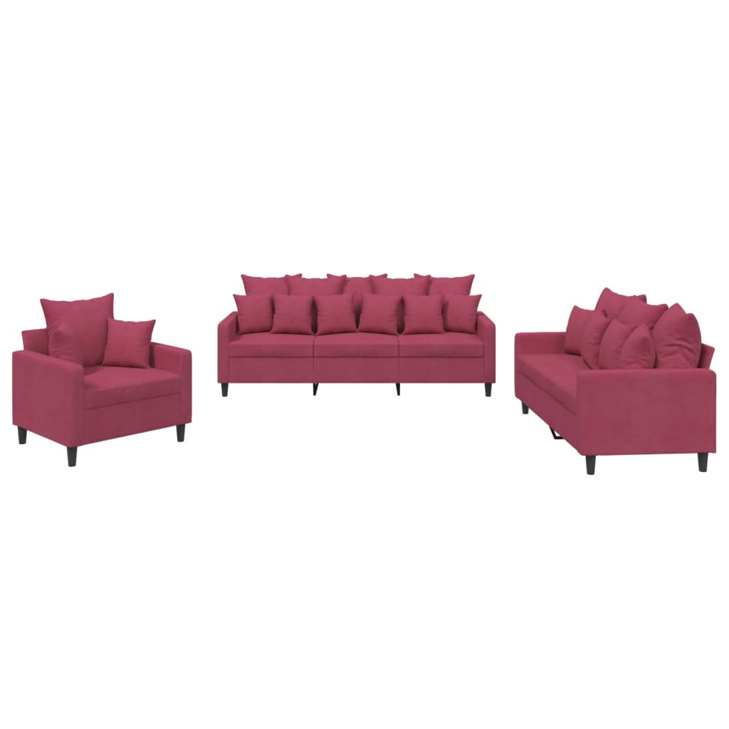 Set di Divani 3 pz con Cuscini Rosso Vino in Velluto | homemem39