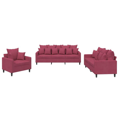 Set di Divani 3 pz con Cuscini Rosso Vino in Velluto | homemem39
