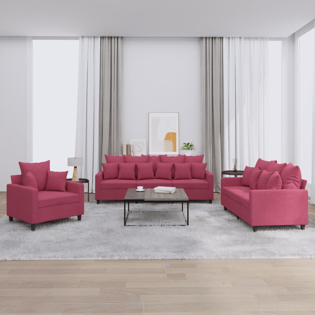 Set di Divani 3 pz con Cuscini Rosso Vino in Velluto - homemem39
