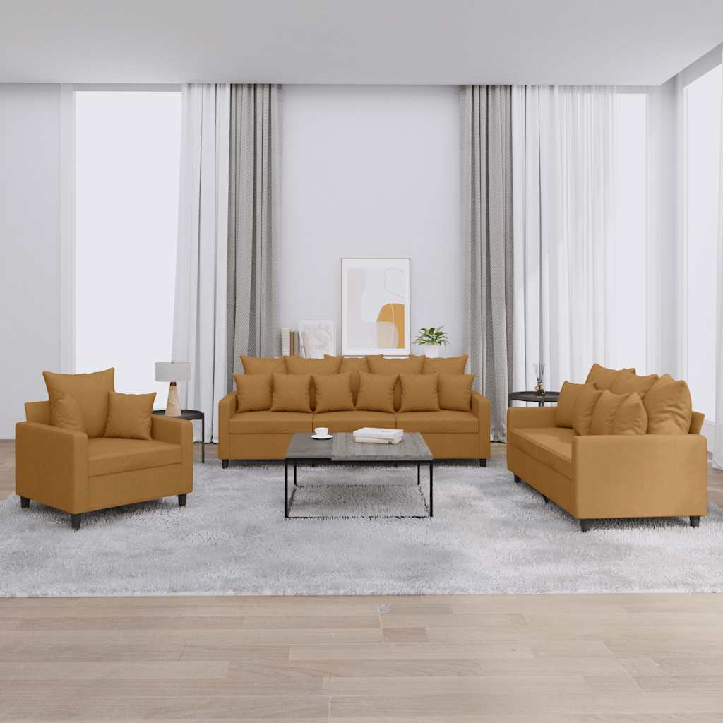 Set di Divani 3 pz con Cuscini Marrone in Velluto | homemem39