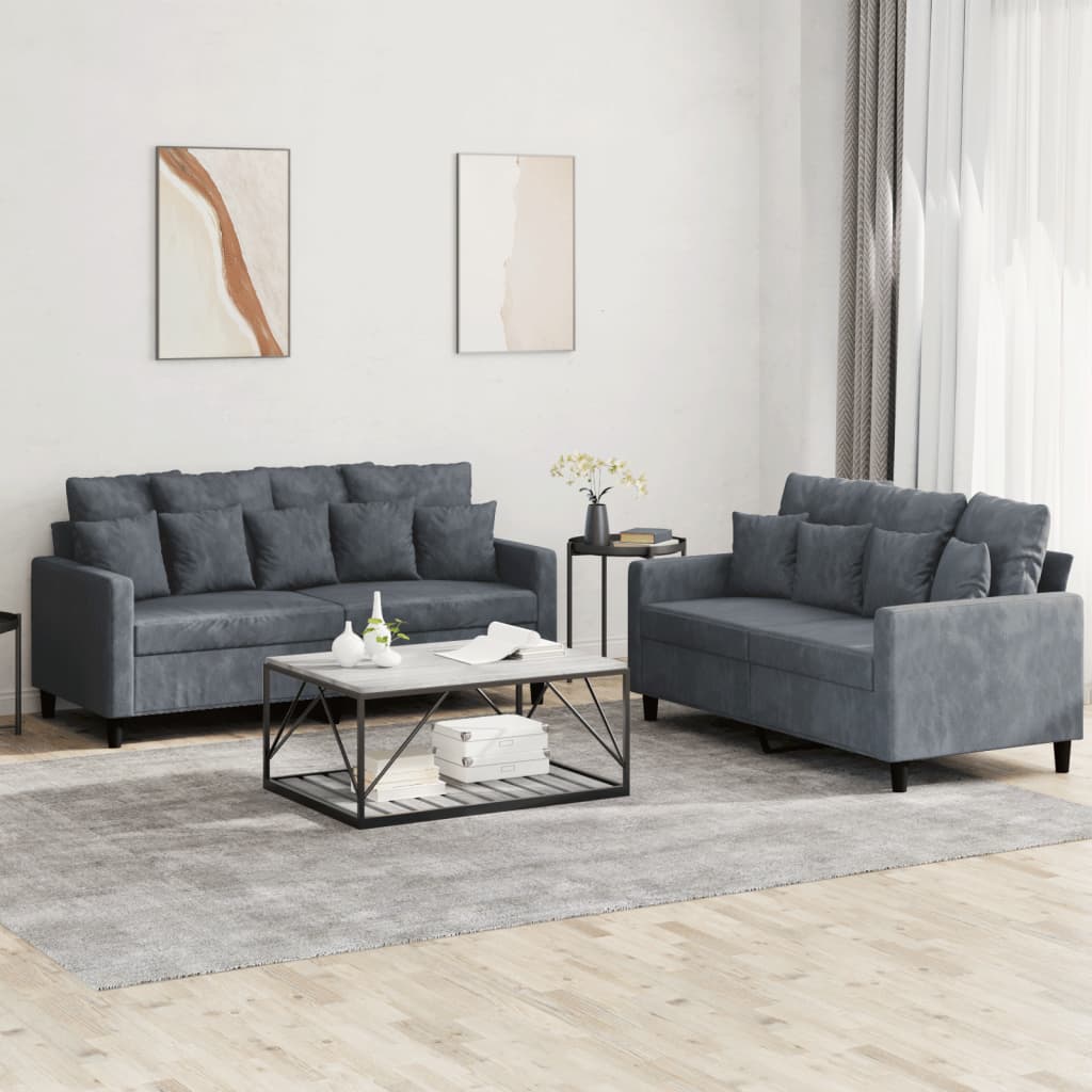 Set di Divani 2 pz con Cuscini Grigio Scuro in Velluto | homemem39