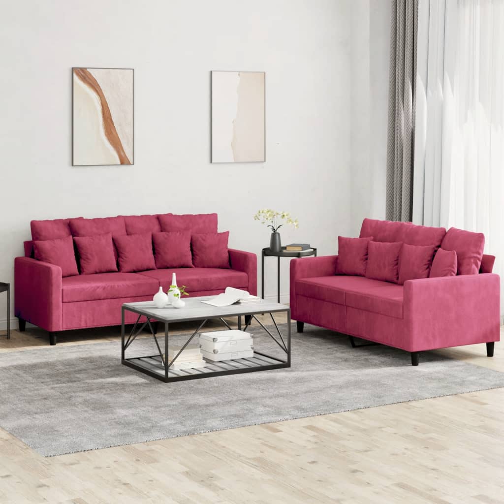Set di Divani 2 pz con Cuscini Rosso Vino in Velluto | homemem39