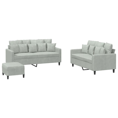 Set di Divani 3 pz con Cuscini Grigio Chiaro in Velluto