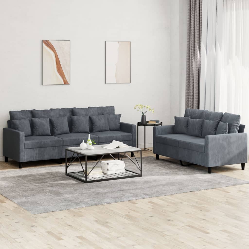 Set di Divani 2 pz con Cuscini Grigio Scuro in Velluto | homemem39