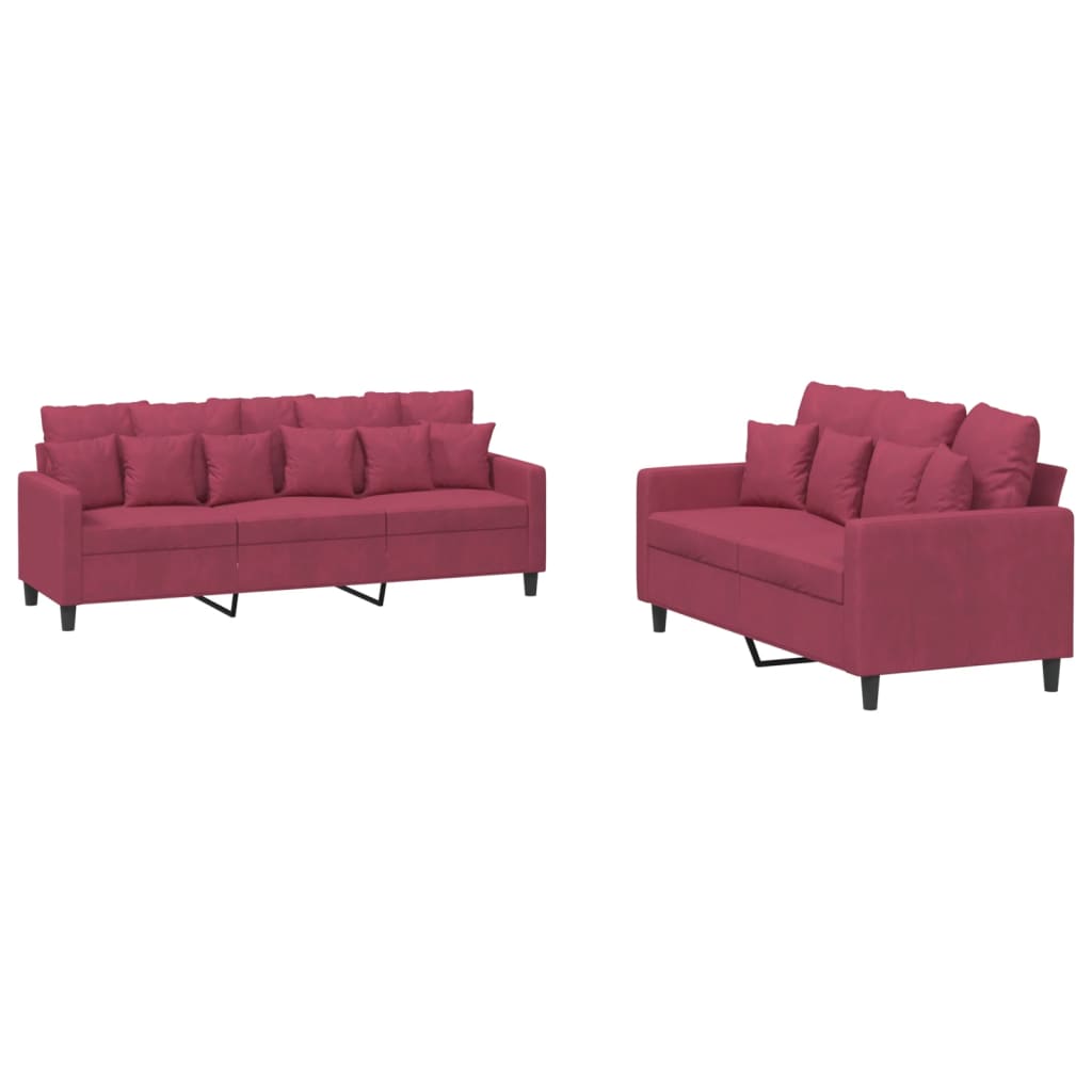Set di Divani 2 pz con Cuscini Rosso Vino in Velluto | homemem39