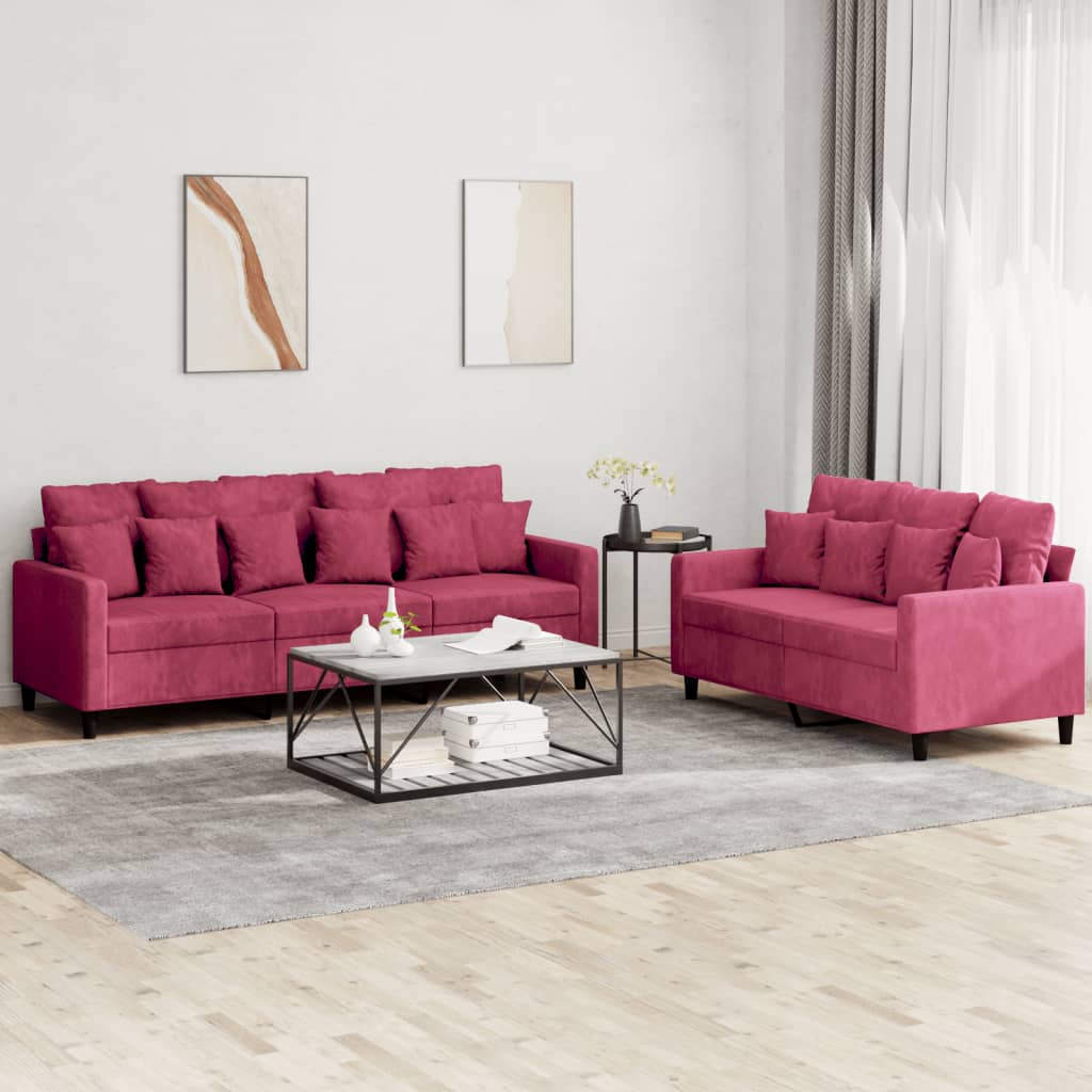 Set di Divani 2 pz con Cuscini Rosso Vino in Velluto | homemem39