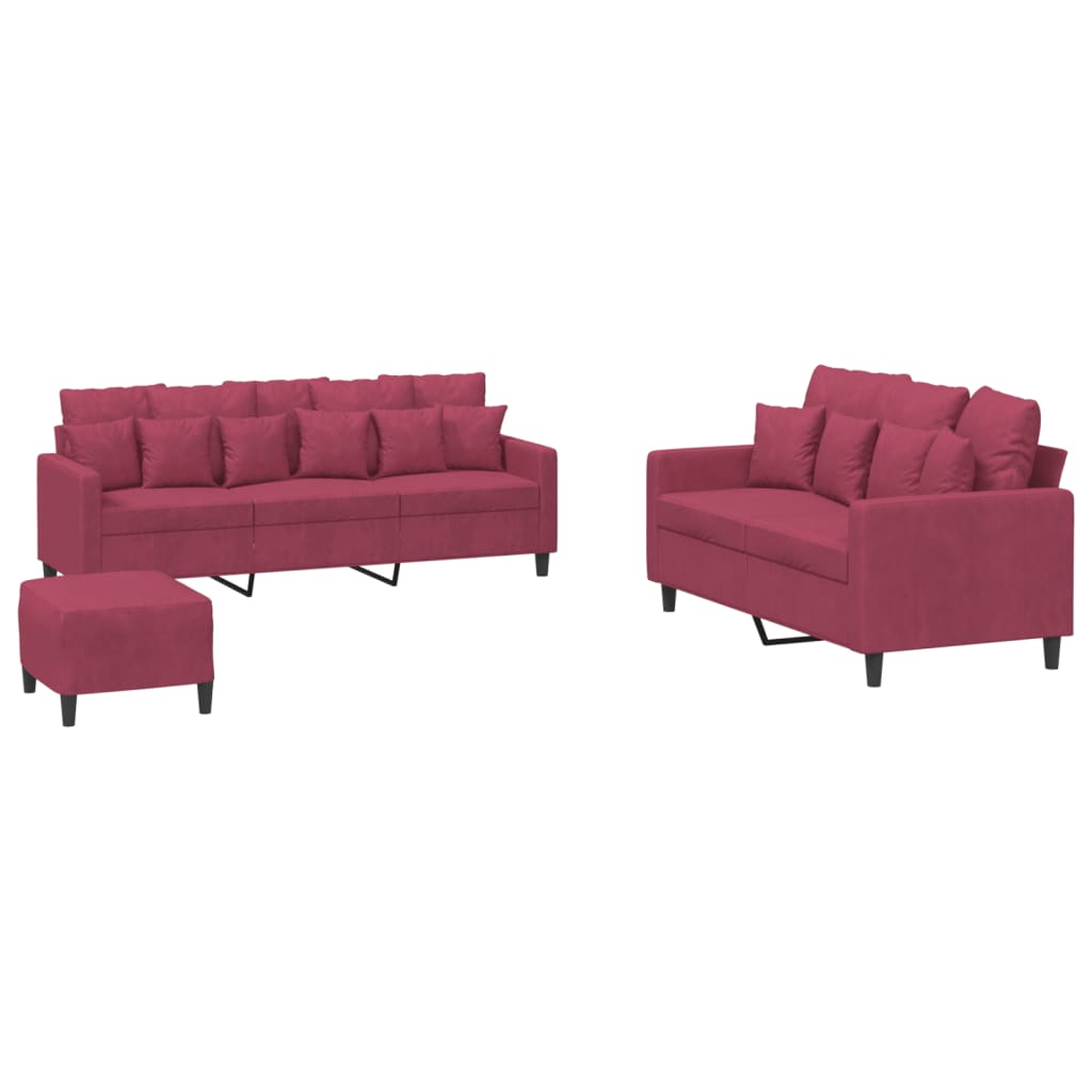 Set di Divani 3 pz con Cuscini Rosso Vino in Velluto | homemem39