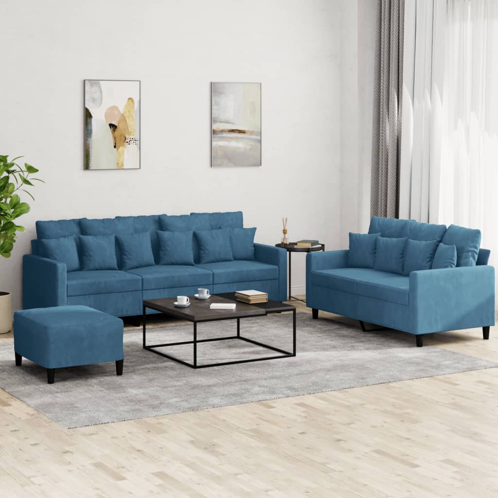 Set di Divani 3 pz con Cuscini Blu in Velluto