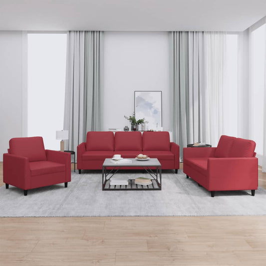Set di Divani 3 pz con Cuscini Rosso Vino in Similpelle - homemem39