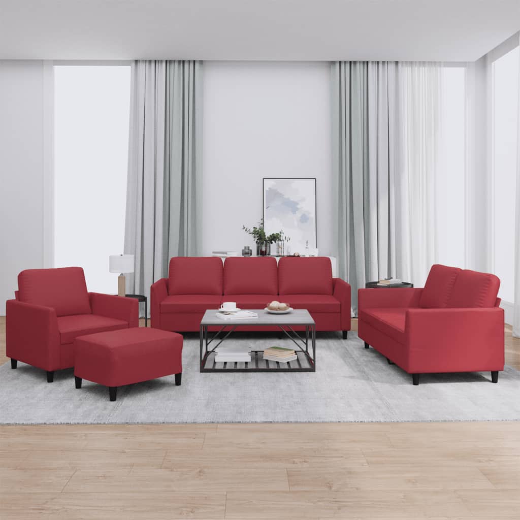 Set di Divani 4 pz con Cuscini Rosso Vino in Similpelle | homemem39