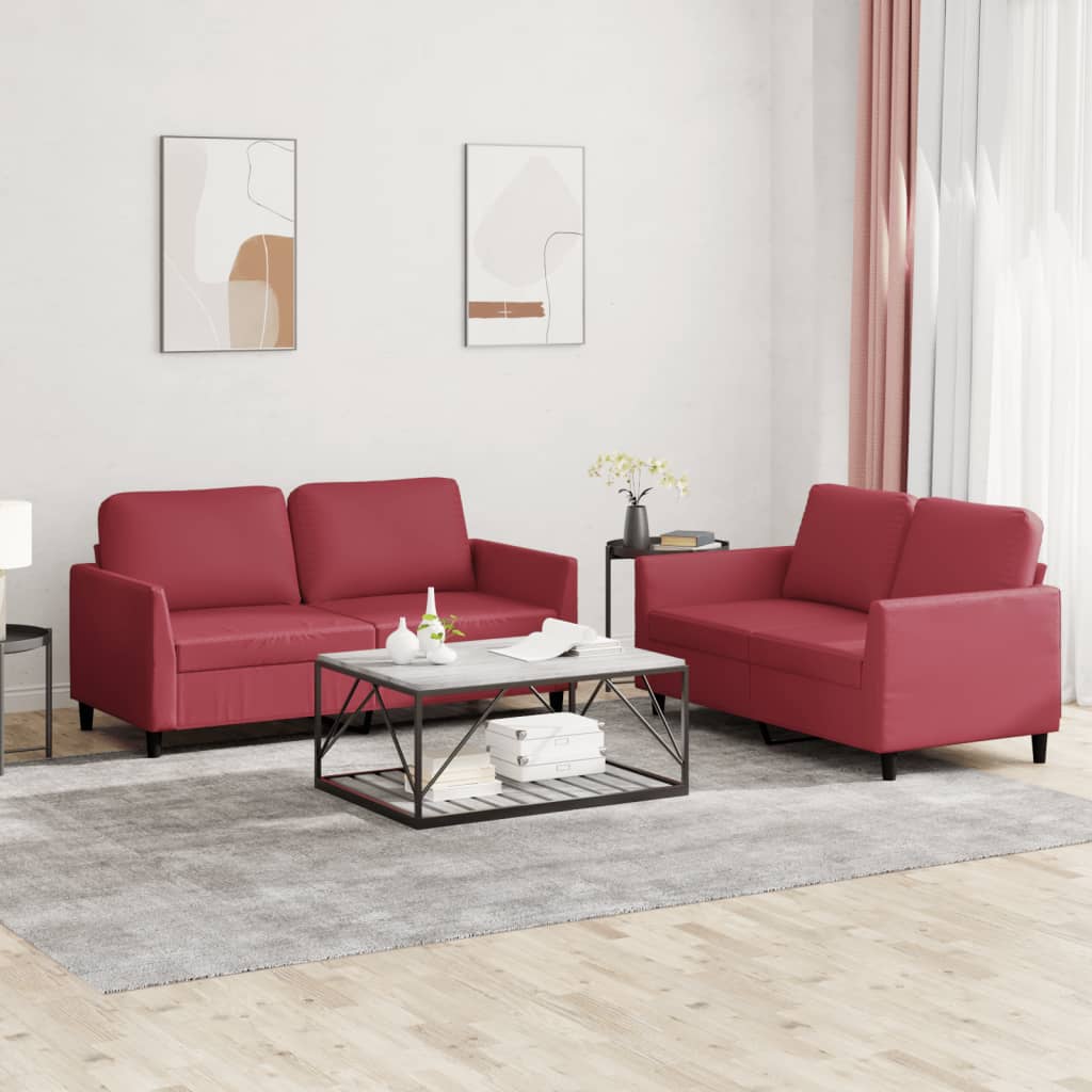 Set di Divani 2 pz con Cuscini Rosso Vino in Similpelle | homemem39