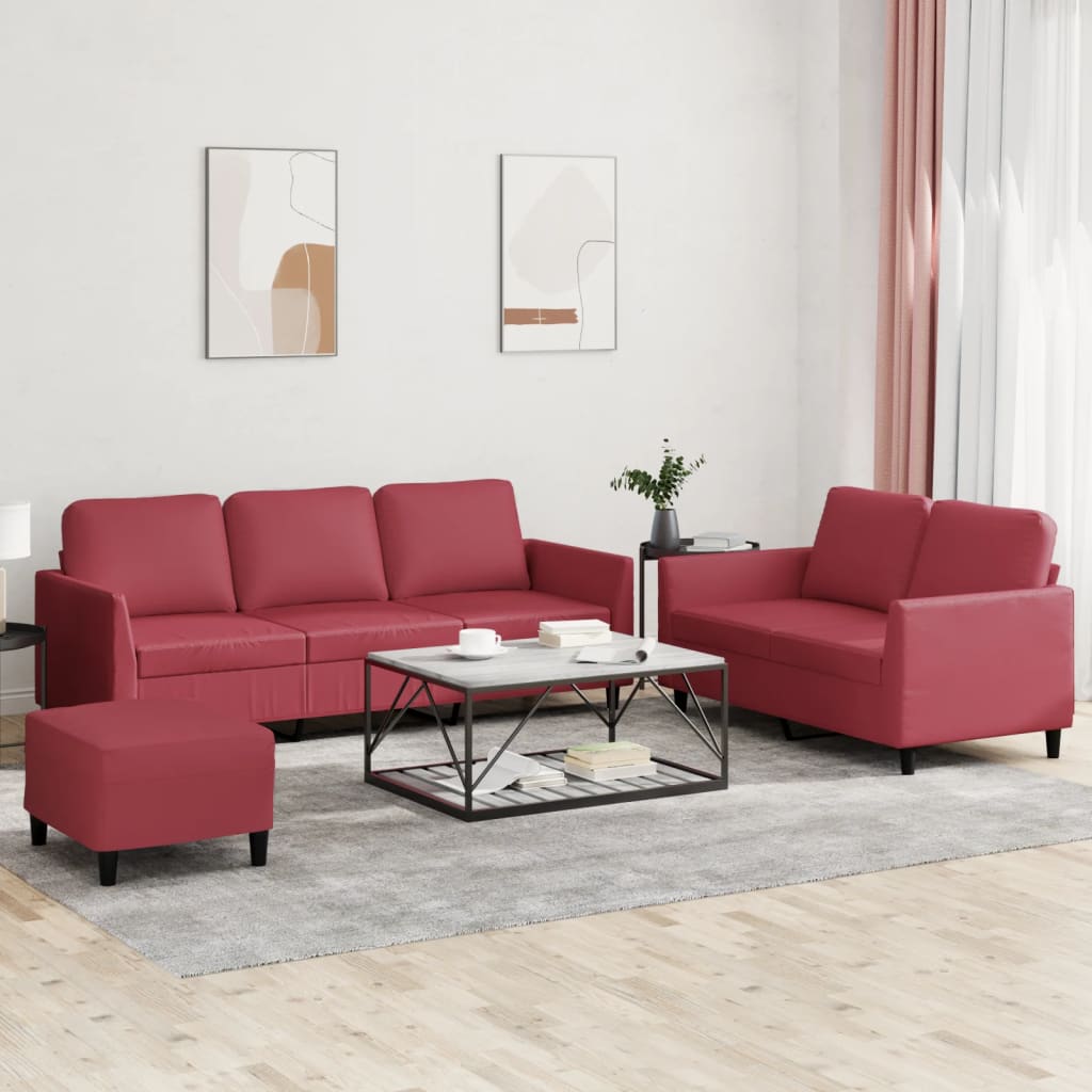 Set di Divani 3 pz con Cuscini Rosso Vino in Similpelle | homemem39