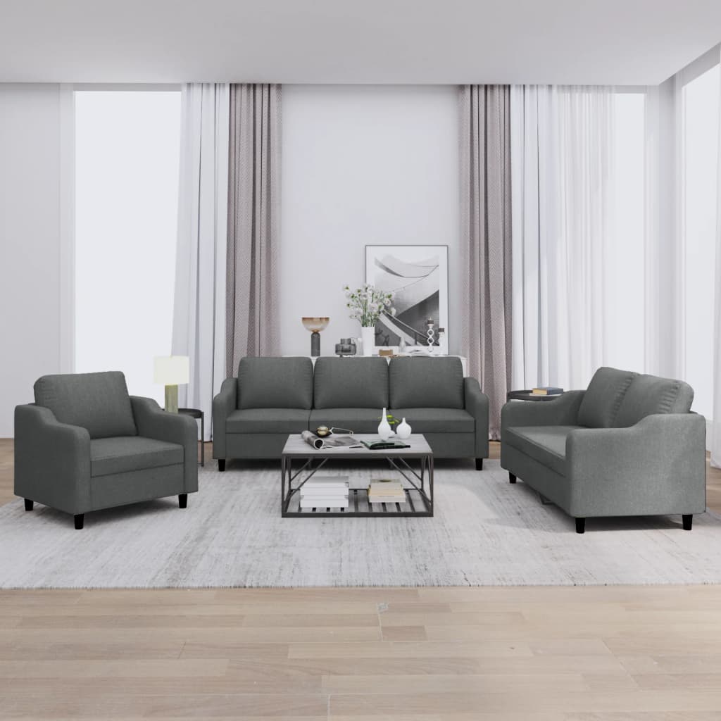 Set di Divani 3 pz con Cuscini Grigio Scuro in Tessuto | homemem39