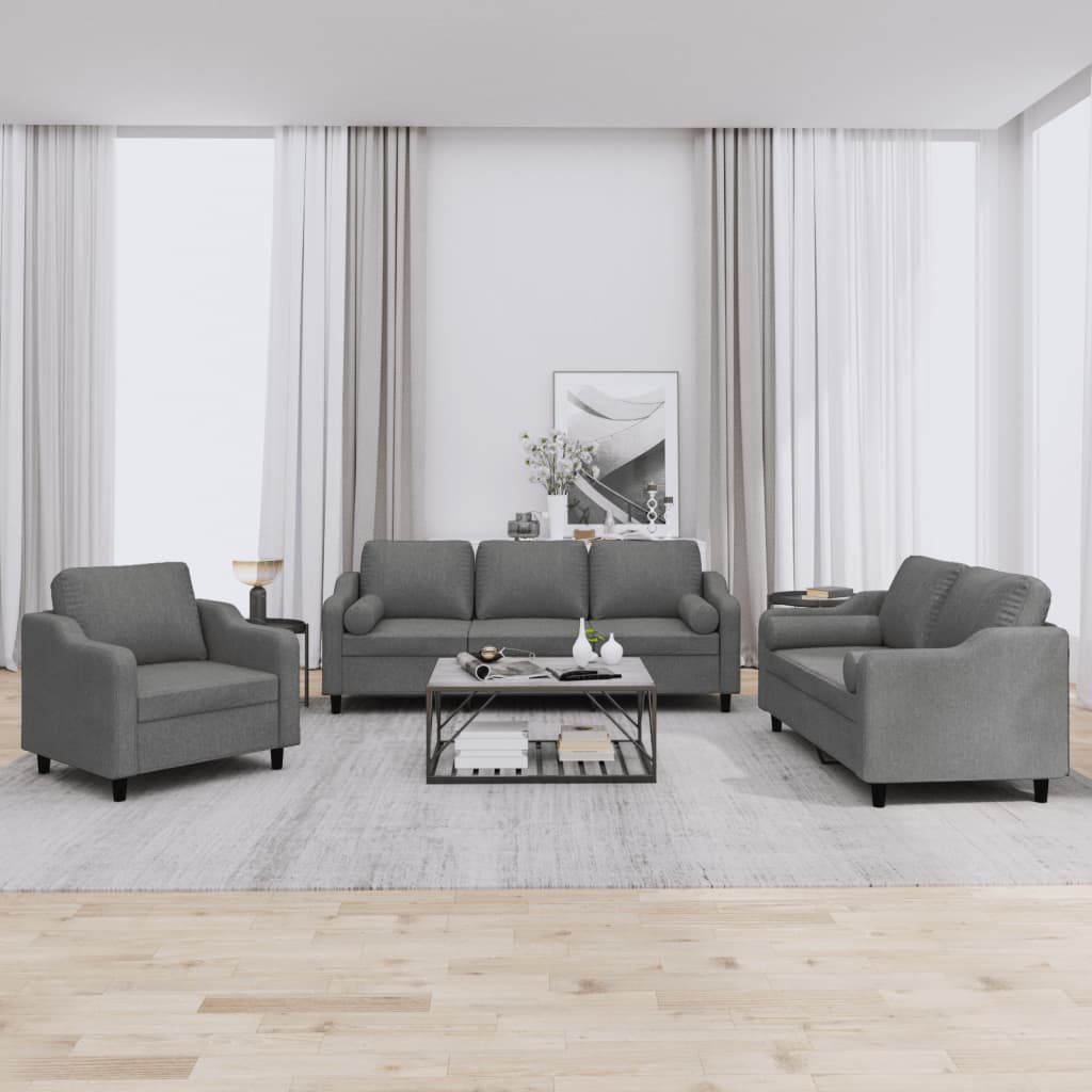 Set di Divani 3 pz con Cuscini Grigio Scuro in Tessuto | homemem39