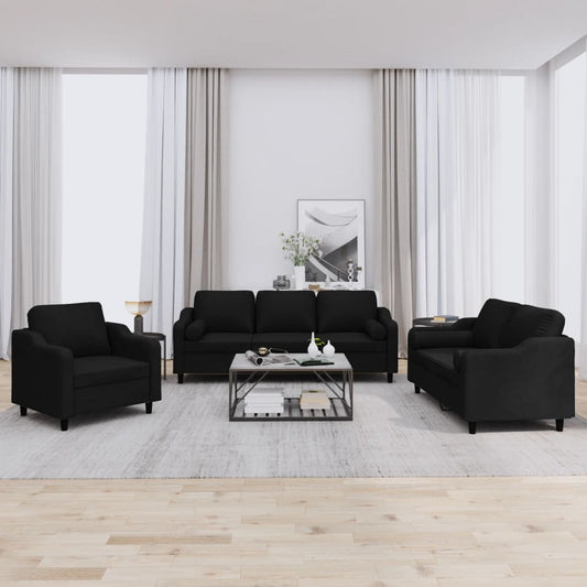 Set Divani 3 pz con Cuscini Nero in Tessuto | homemem39