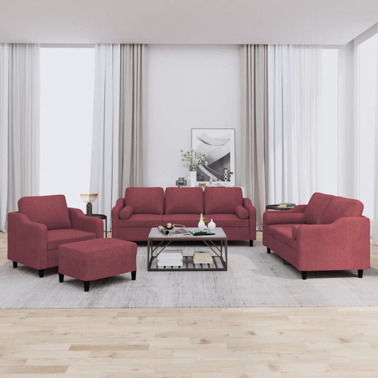 Set di Divani 4 pz con Cuscini Rosso Vino in Tessuto | homemem39