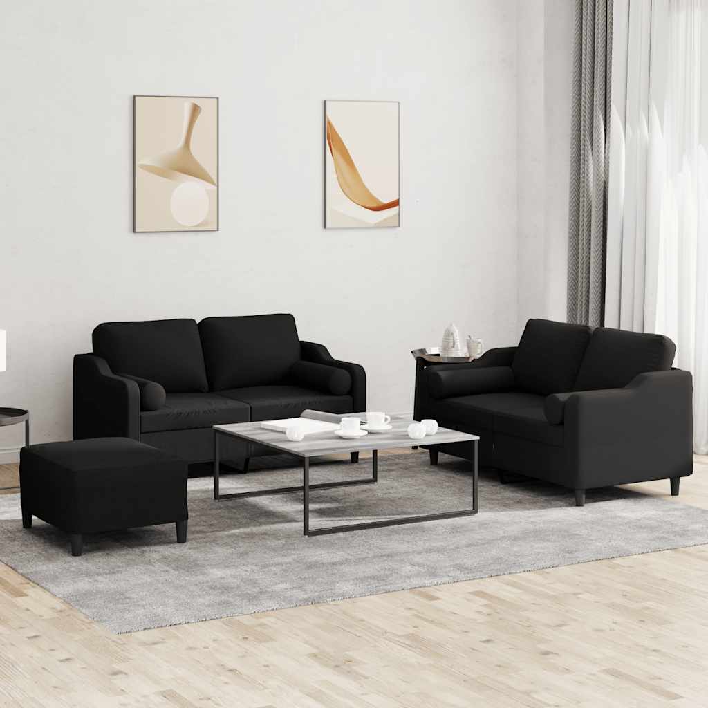 Set Divani 3 pz con Cuscini Nero in Tessuto | homemem39