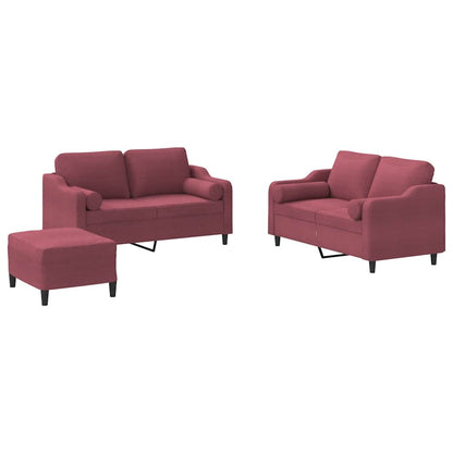 Set di Divani 3 pz con Cuscini Rosso Vino in Tessuto