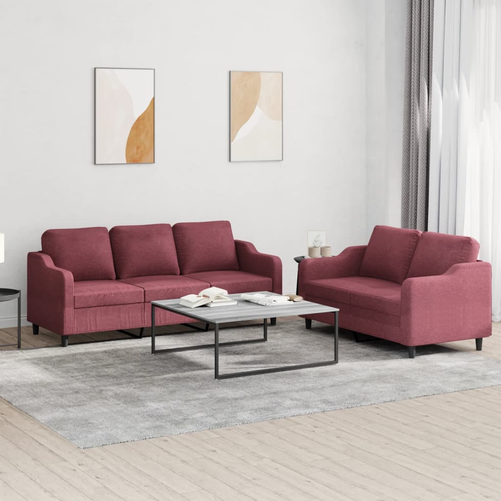 Set di Divani 2 pz con Cuscini Rosso Vino in Tessuto | homemem39