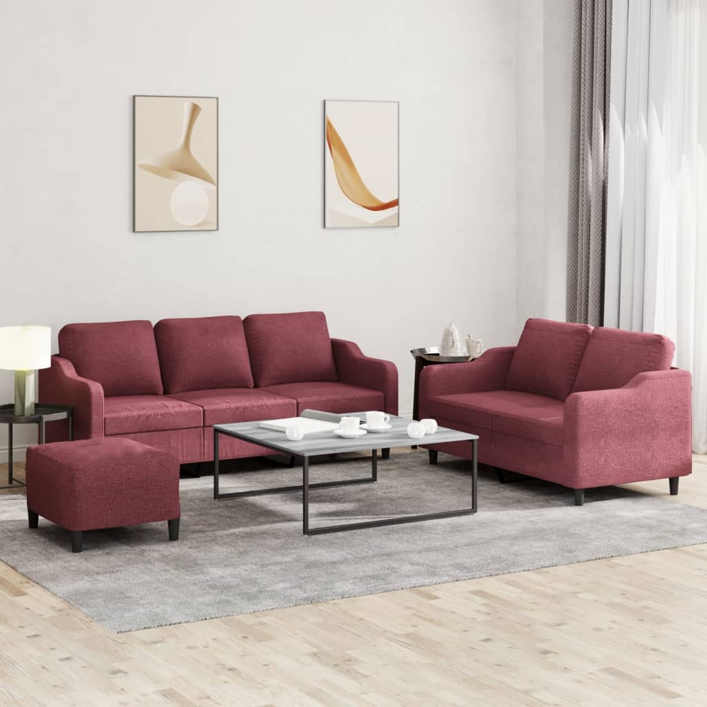 Set di Divani 3 pz con Cuscini Rosso Vino in Tessuto | homemem39
