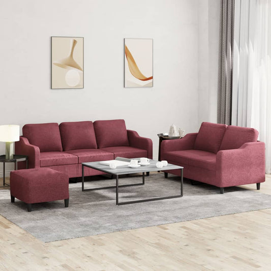 Set di Divani 3 pz con Cuscini Rosso Vino in Tessuto - homemem39