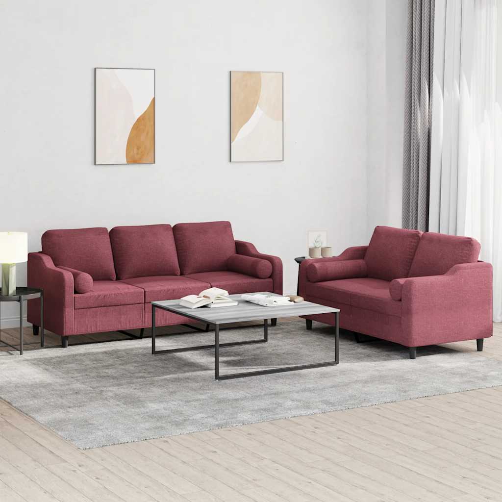 Set di Divani 2 pz con Cuscini Rosso Vino in Tessuto - homemem39