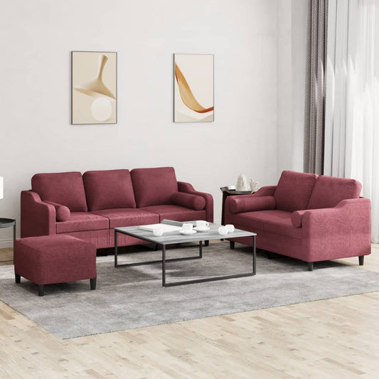 Set di Divani 3 pz con Cuscini Rosso Vino in Tessuto | homemem39