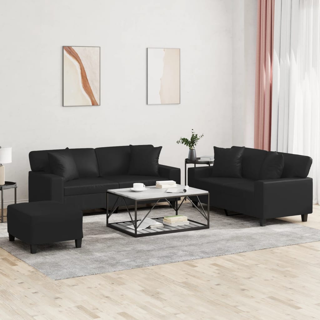 Set di Divani 3 pz con Cuscini Nero in Similpelle | homemem39