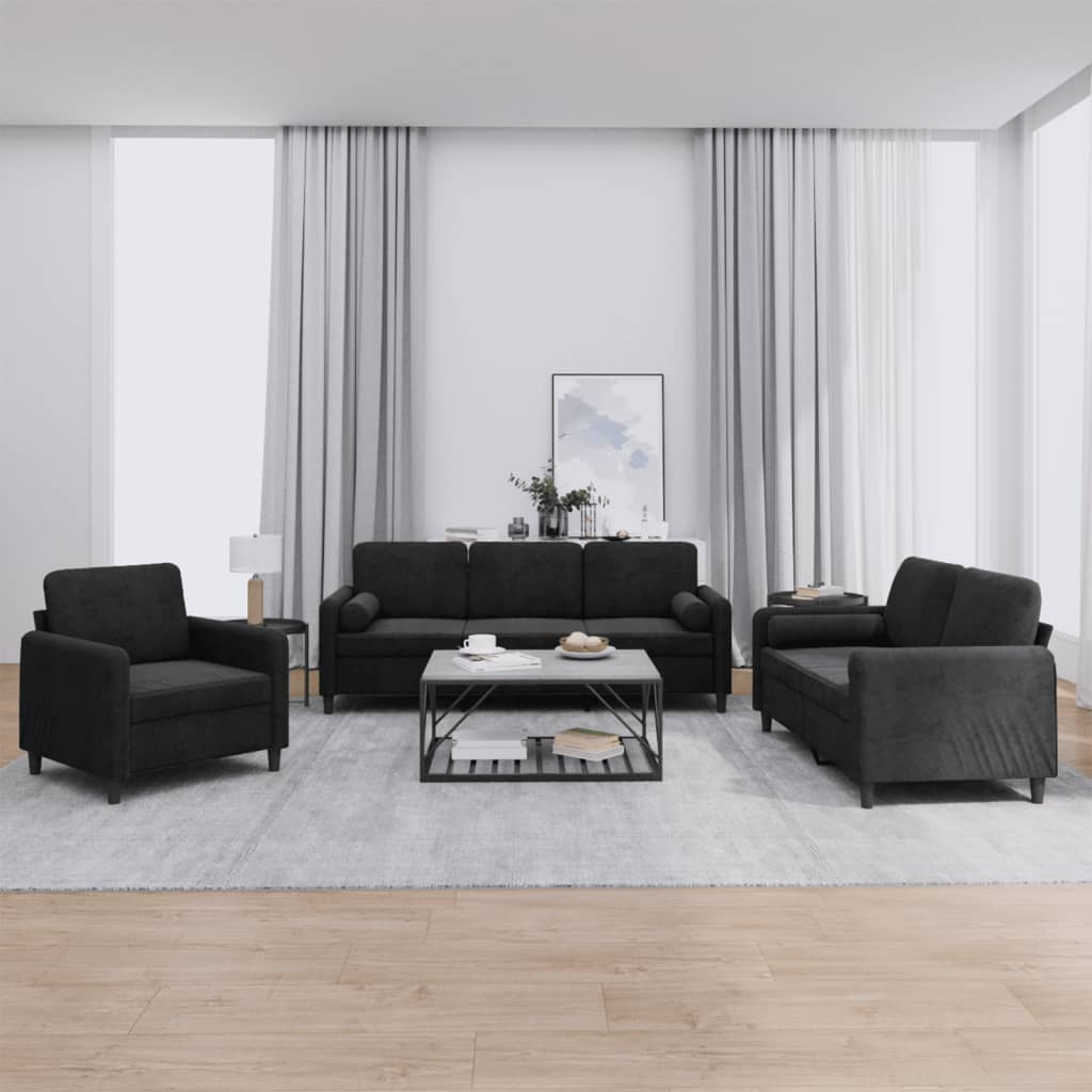 Set di Divani 3 pz con Cuscini Nero in Velluto | homemem39