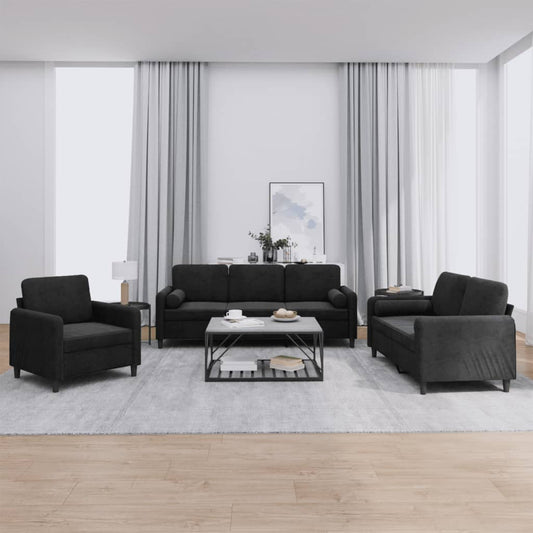 Set di Divani 3 pz con Cuscini Nero in Velluto | homemem39