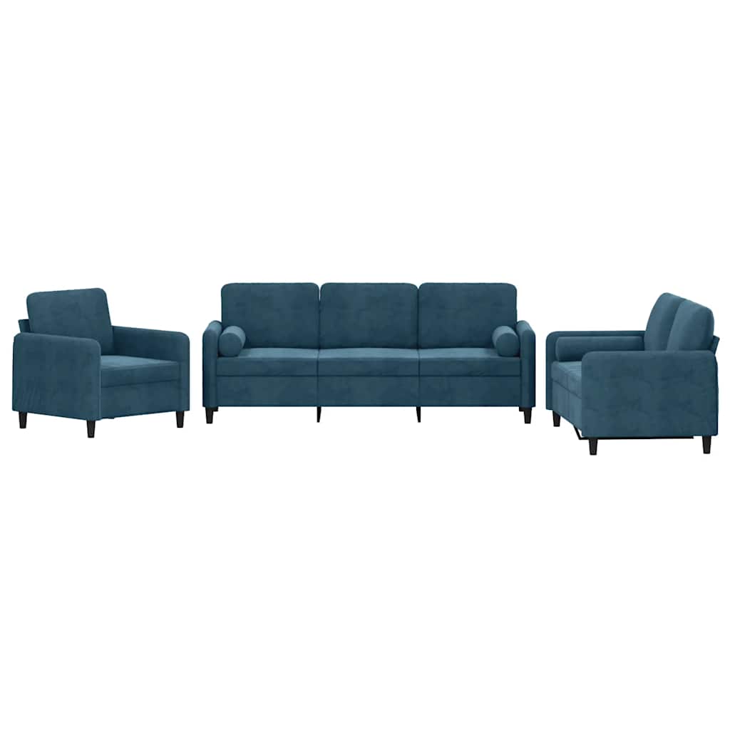 Set di Divani 3 pz con Cuscini Blu in Velluto | homemem39